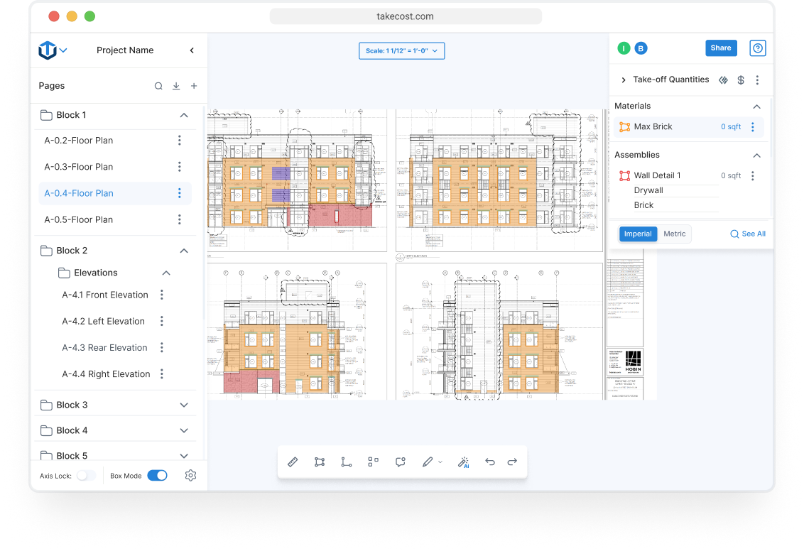 Screenshot of TakeCost's takeoff software interface displaying a multi-elevation building plan with highlighted material quantities and project navigation.